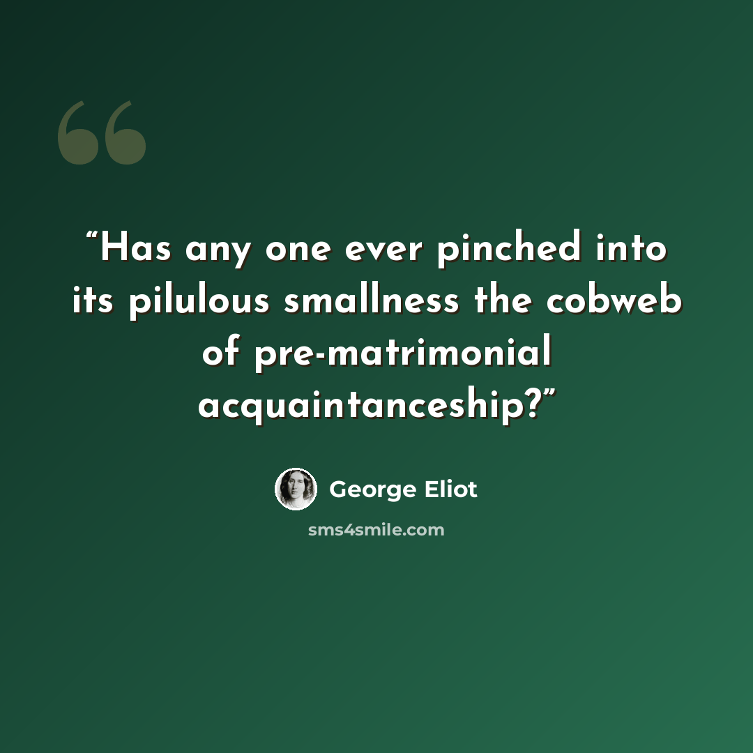 “Has any one ever pinched into its pilulous smallness the cobweb of pre-matrimonial acquaintanceship?” quote by George Eliot