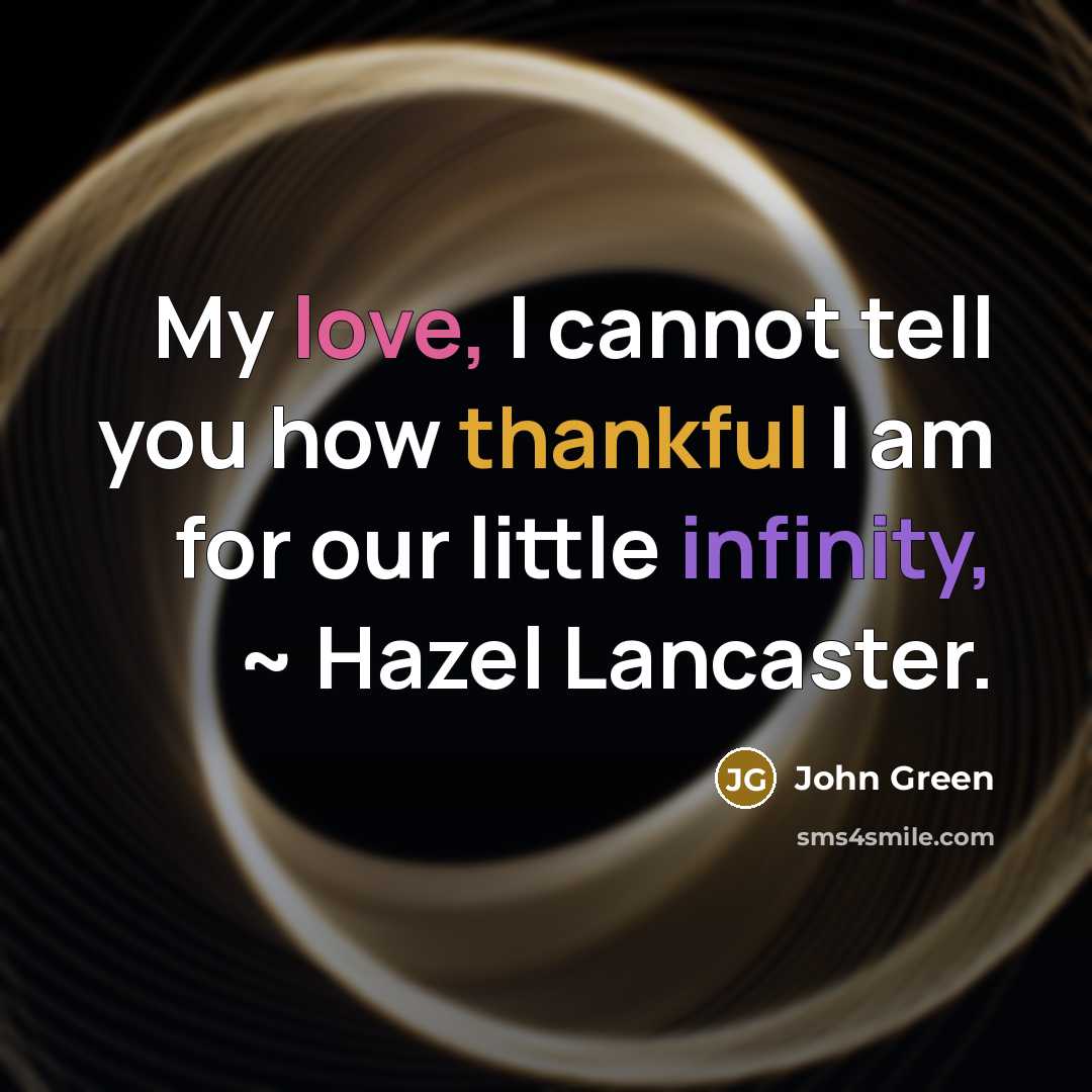 “My love, I cannot tell you how thankful I am for our little infinity, ~ Hazel Lancaster.” quote by John Green