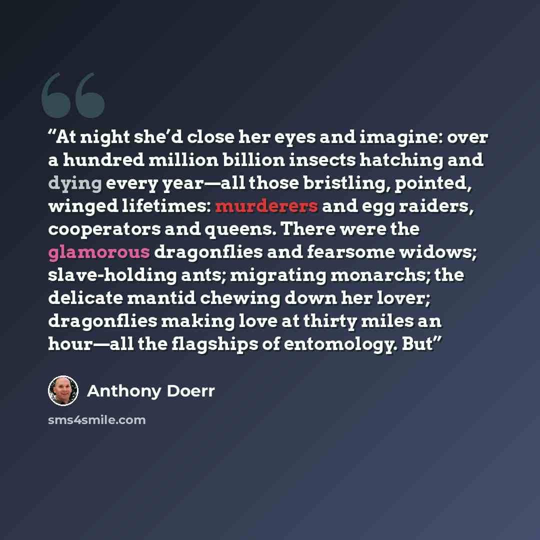 “At night she’d close her eyes and imagine: over a hundred million billion insects hatching and dying every year—all those bristling, pointed, winged lifetimes: murderers and egg raiders, cooperators and queens. There were the glamorous dragonflies and fearsome widows; slave-holding ants; migrating…” quote by Anthony Doerr