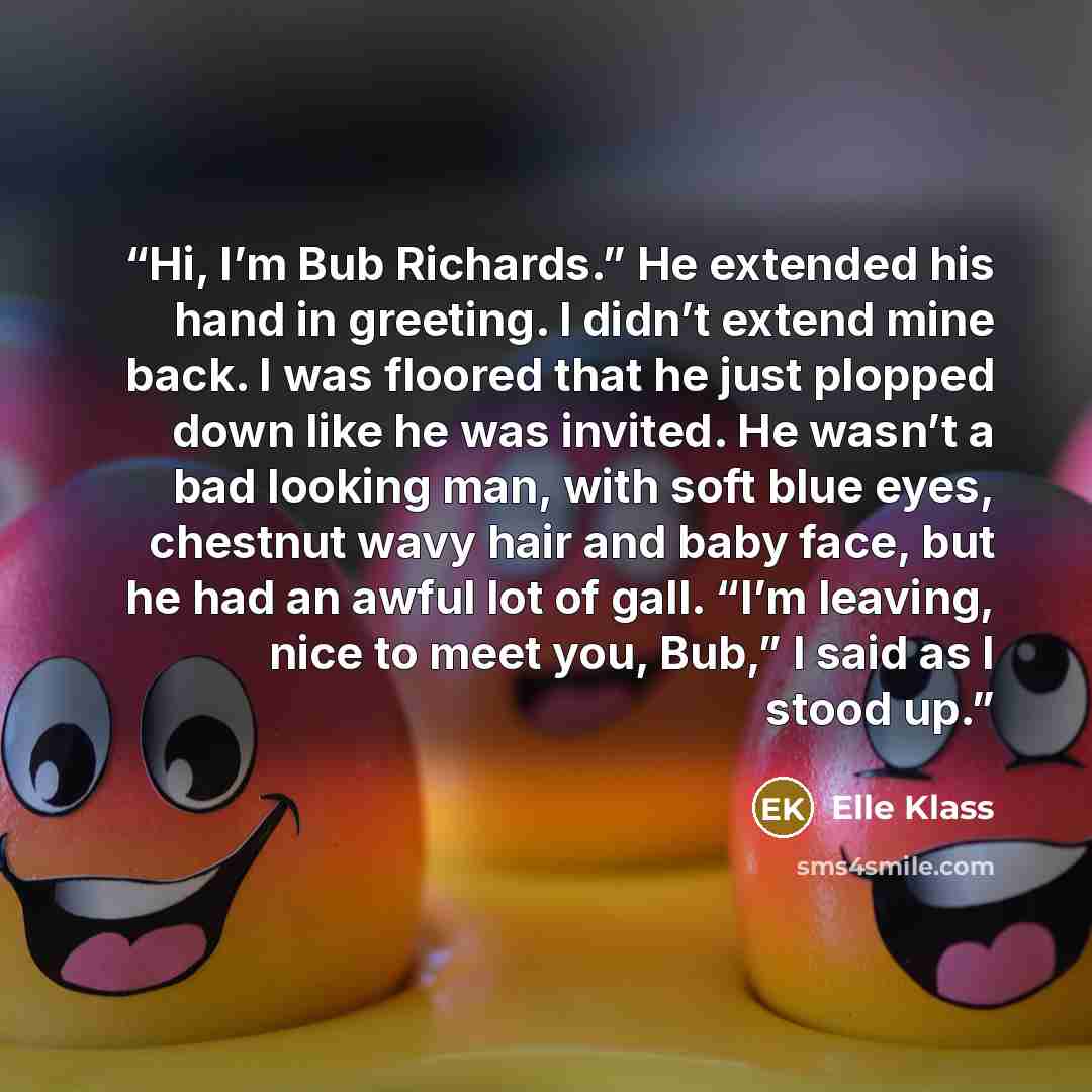 “Hi, I’m Bub Richards.” He extended his hand in greeting. I didn’t extend mine back. I was floored that he just plopped down like he was invited. He wasn’t a bad looking man, with soft blue eyes, chestnut wavy hair and baby face, but he had an awful lot of gall. “I’m leaving, nice to meet you…” quote by Elle Klass