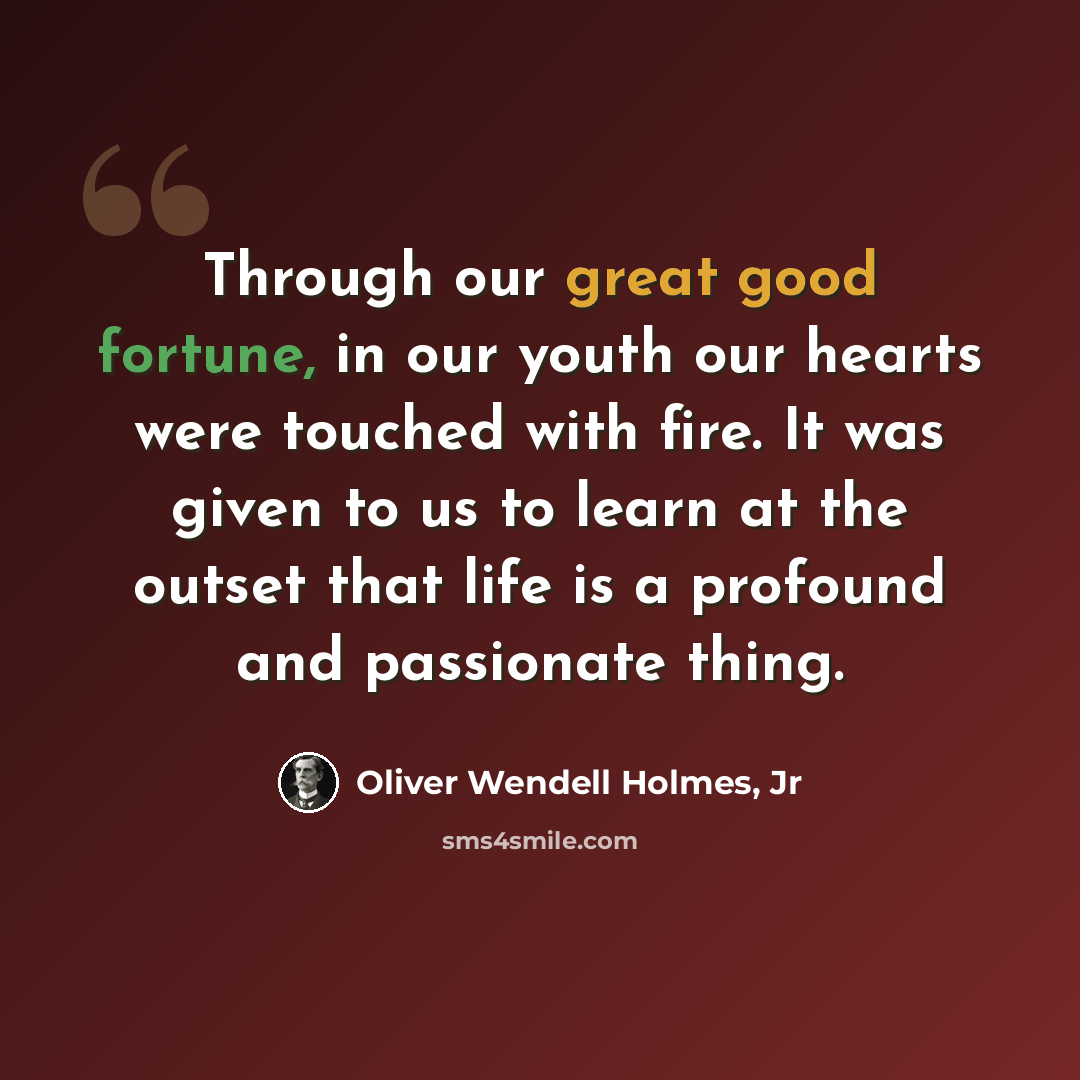 “Through our great good fortune, in our youth our hearts were touched with fire. It was given to us to learn at the outset that life is a profound and passionate thing.” quote by Oliver Wendell Holmes, Jr