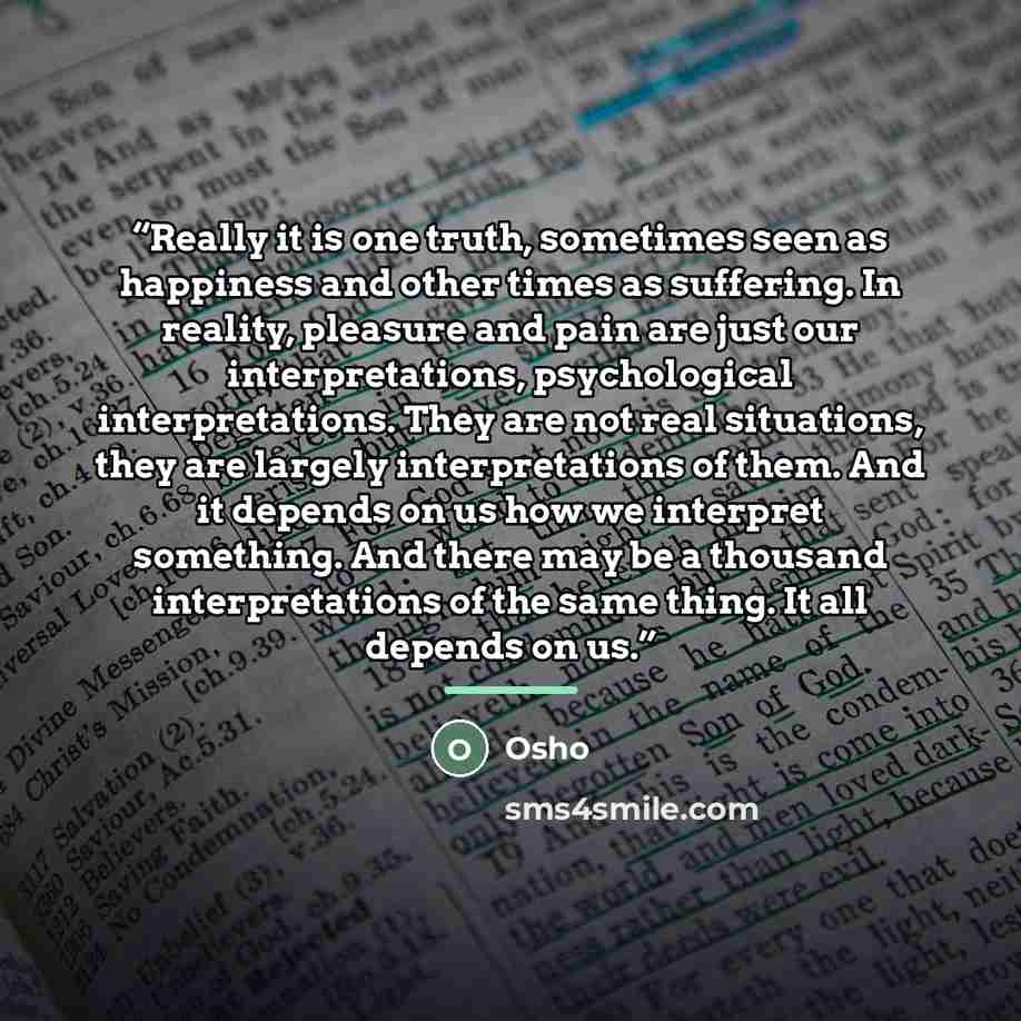 “Really it is one truth, sometimes seen as happiness and other times as suffering. In reality, pleasure and pain are just our interpretations, psychological interpretations. They are not real situations, they are largely interpretations of them. And it depends on us how we interpret something. And…” quote by Osho