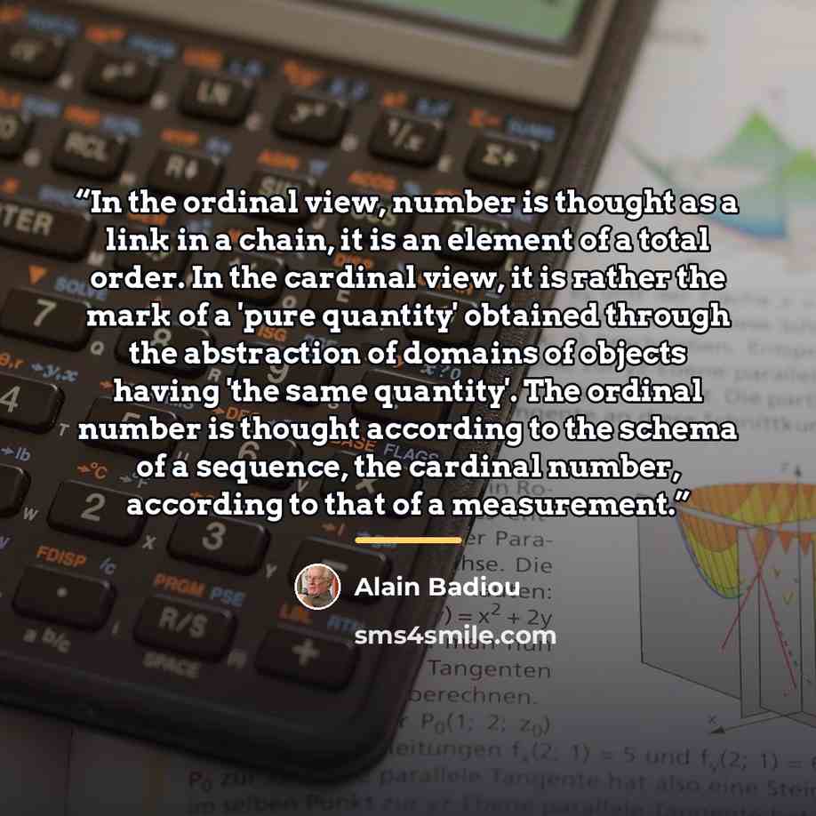 “In the ordinal view, number is thought as a link in a chain, it is an element of a total order. In the cardinal view, it is rather the mark of a 'pure quantity' obtained through the abstraction of domains of objects having 'the same quantity'. The ordinal number is thought according to the schema…” quote by Alain Badiou