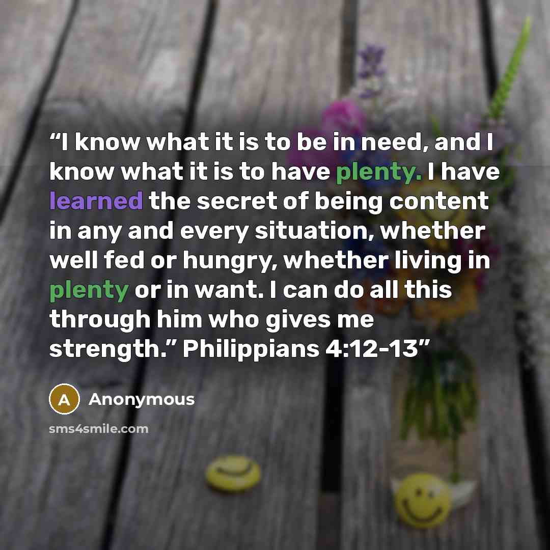 “I know what it is to be in need, and I know what it is to have plenty. I have learned the secret of being content in any and every situation, whether well fed or hungry, whether living in plenty or in want. I can do all this through him who gives me strength.” Philippians 4:12-13” quote by Anonymous