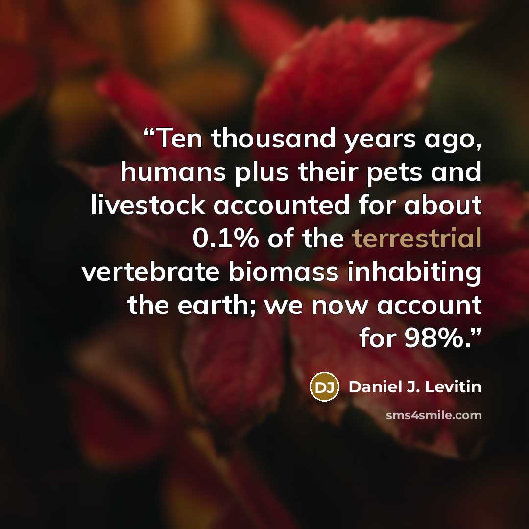 “Ten thousand years ago, humans plus their pets and livestock accounted for about 0.1% of the terrestrial vertebrate biomass inhabiting the earth; we now account for 98%.” quote by Daniel J. Levitin