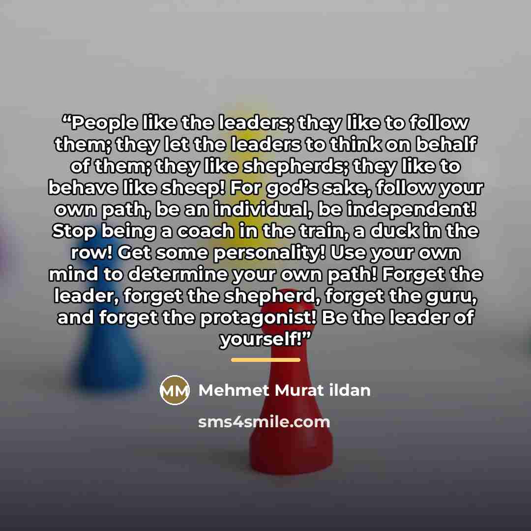 “People like the leaders; they like to follow them; they let the leaders to think on behalf of them; they like shepherds; they like to behave like sheep! For god’s sake, follow your own path, be an individual, be independent! Stop being a coach in the train, a duck in the row! Get some personality!…” quote by Mehmet Murat ildan