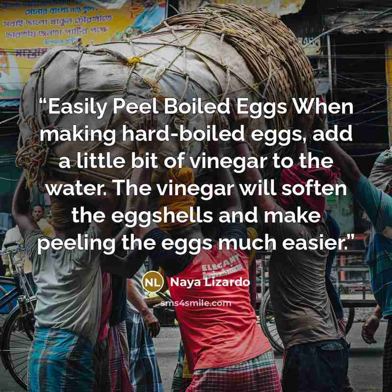 “Easily Peel Boiled Eggs When making hard-boiled eggs, add a little bit of vinegar to the water. The vinegar will soften the eggshells and make peeling the eggs much easier.” quote by Naya Lizardo