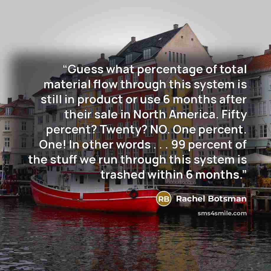 “Guess what percentage of total material flow through this system is still in product or use 6 months after their sale in North America. Fifty percent? Twenty? NO. One percent. One! In other words . . . 99 percent of the stuff we run through this system is trashed within 6 months.” quote by Rachel Botsman