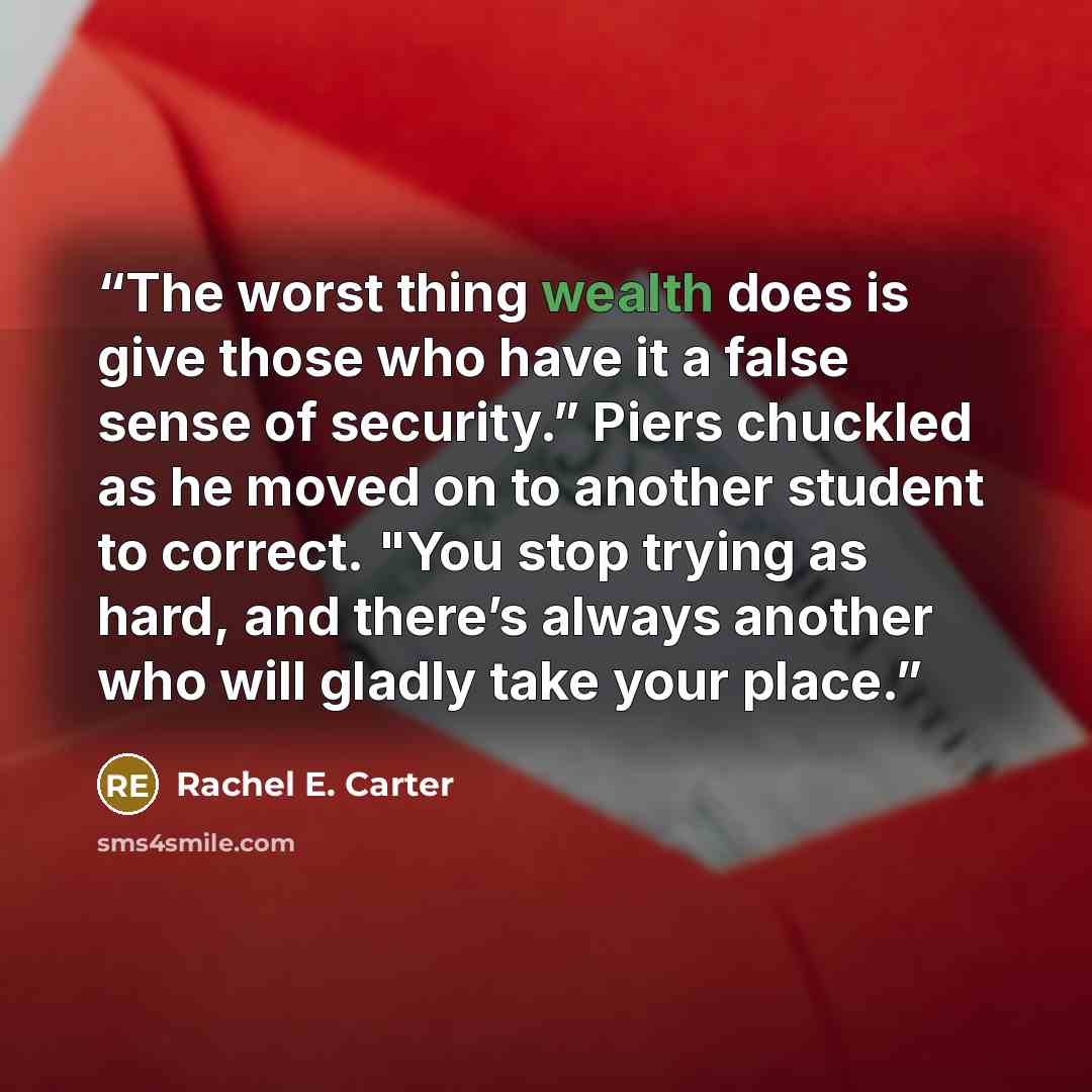 “The worst thing wealth does is give those who have it a false sense of security.” Piers chuckled as he moved on to another student to correct. "You stop trying as hard, and there’s always another who will gladly take your place.” quote by Rachel E. Carter
