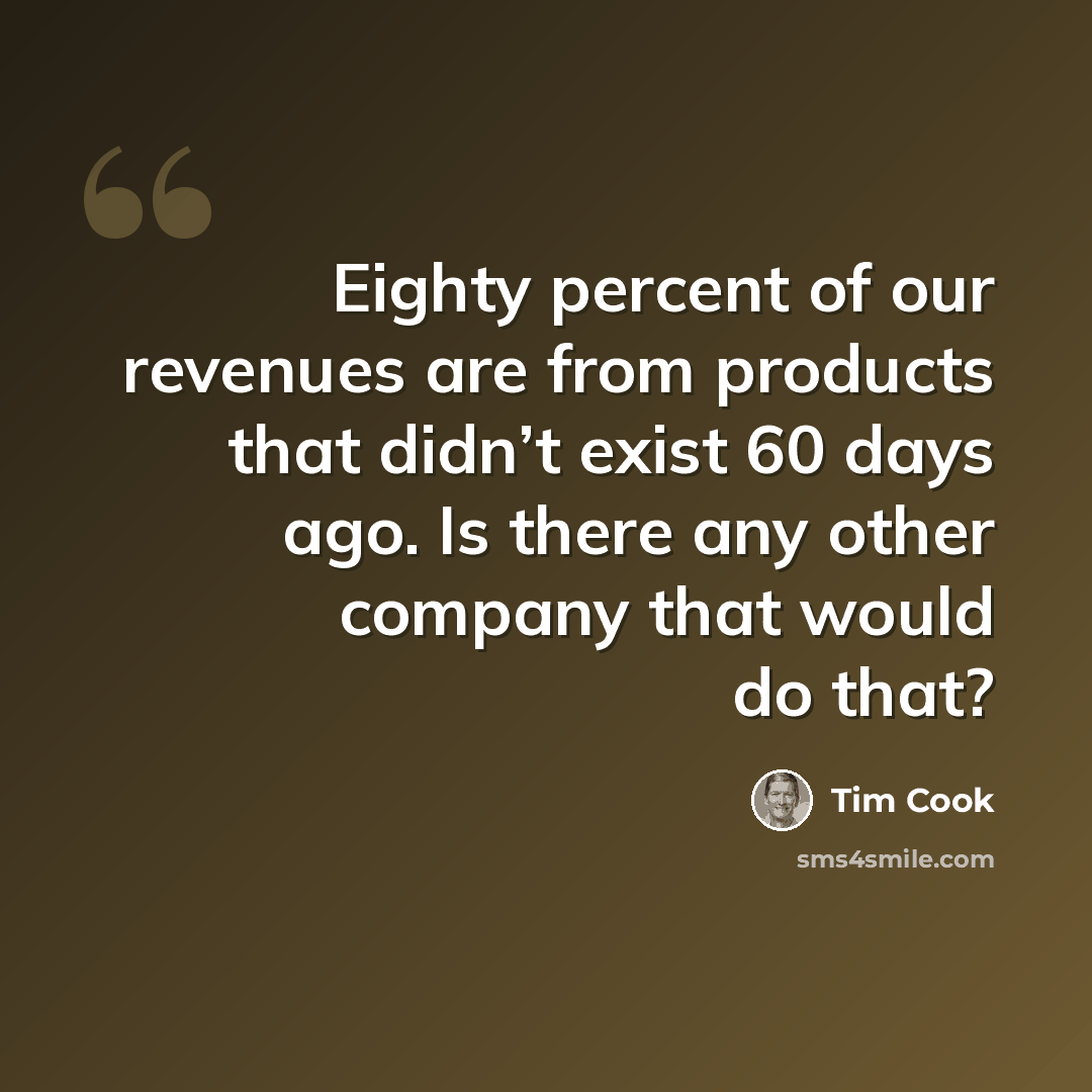 “Eighty percent of our revenues are from products that didn’t exist 60 days ago. Is there any other company that would do that?” quote by Tim Cook