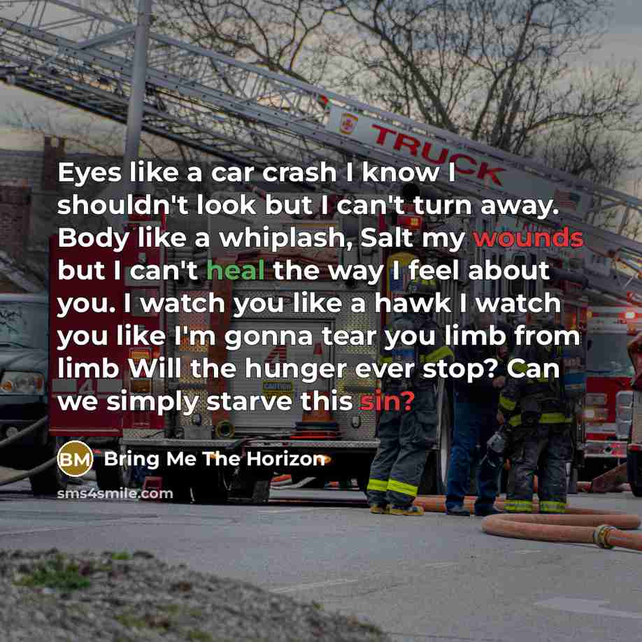 “Eyes like a car crash I know I shouldn't look but I can't turn away. Body like a whiplash, Salt my wounds but I can't heal the way I feel about you. I watch you like a hawk I watch you like I'm gonna tear you limb from limb Will the hunger ever stop? Can we simply starve this sin?” quote by Bring Me The Horizon