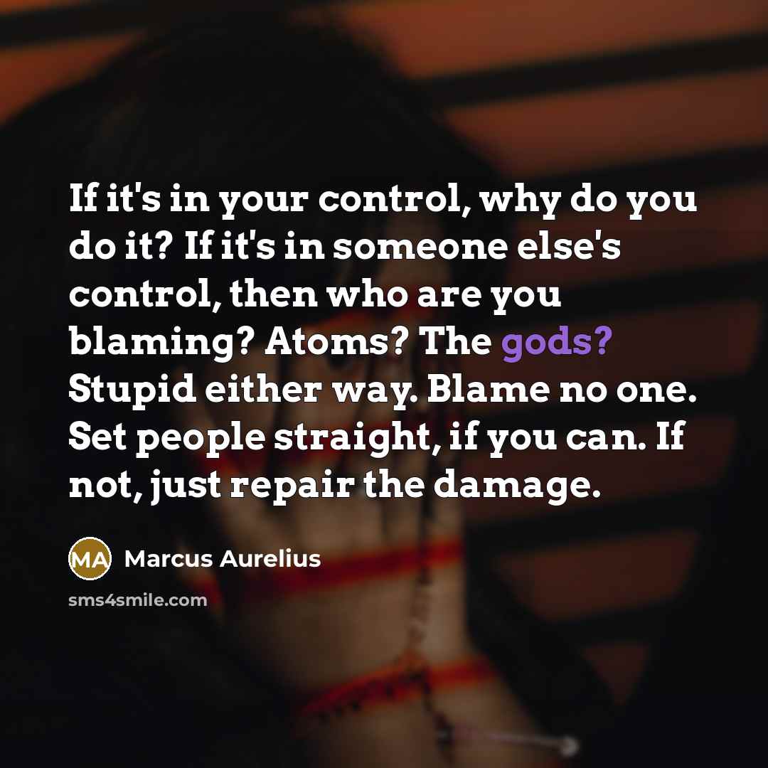 “If it's in your control, why do you do it? If it's in someone else's control, then who are you blaming? Atoms? The gods? Stupid either way. Blame no one. Set people straight, if you can. If not, just repair the damage.” quote by Marcus Aurelius