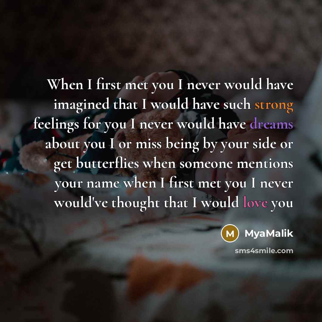 “When I first met you I never would have imagined that I would have such strong feelings for you I never would have dreams about you I or miss being by your side or get butterflies when someone mentions your name when I first met you I never would've thought that I would love you” quote by MyaMalik