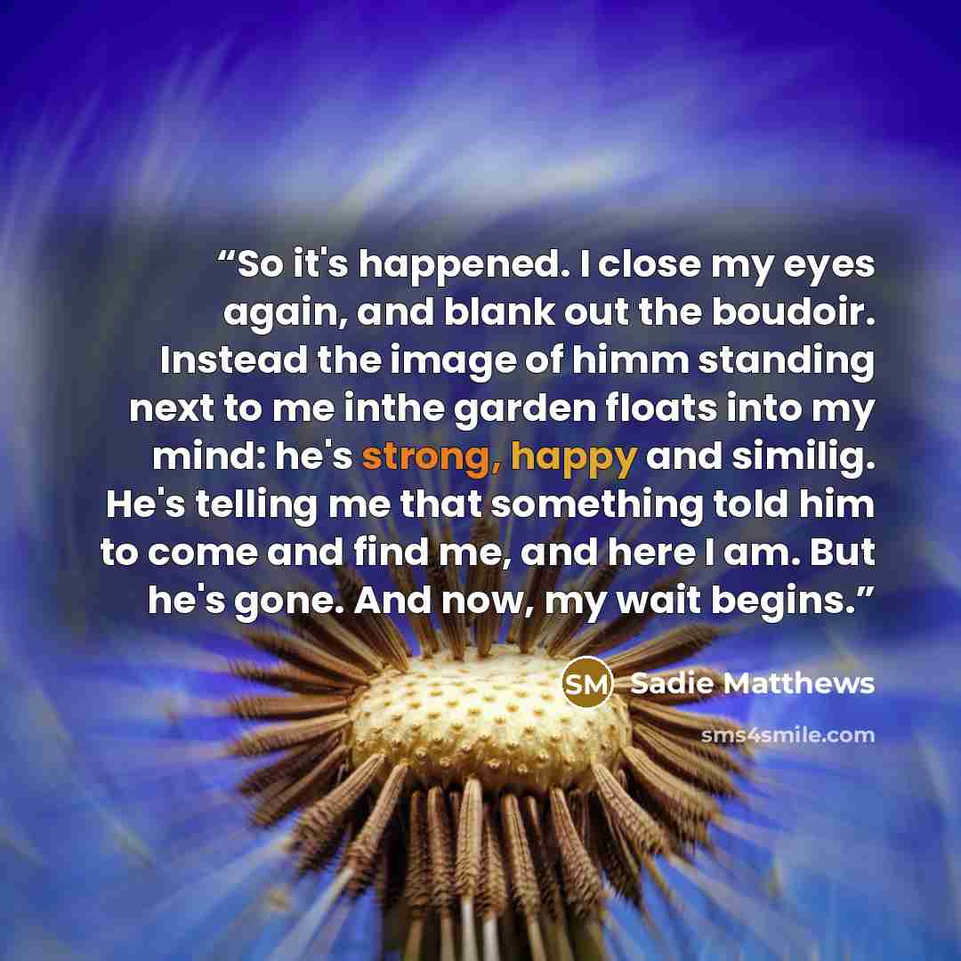 “So it's happened. I close my eyes again, and blank out the boudoir. Instead the image of himm standing next to me inthe garden floats into my mind: he's strong, happy and similig. He's telling me that something told him to come and find me, and here I am. But he's gone. And now, my wait begins.” quote by Sadie Matthews