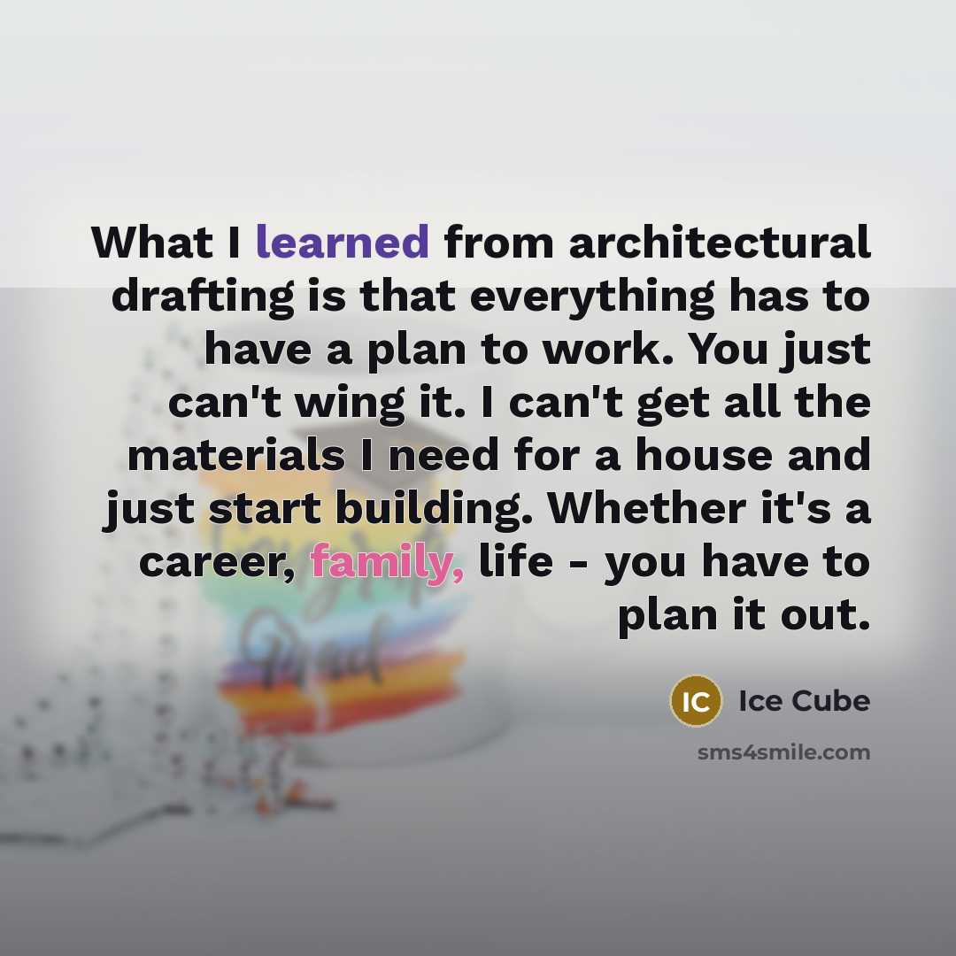 “What I learned from architectural drafting is that everything has to have a plan to work. You just can't wing it. I can't get all the materials I need for a house and just start building. Whether it's a career, family, life - you have to plan it out.” quote by Ice Cube