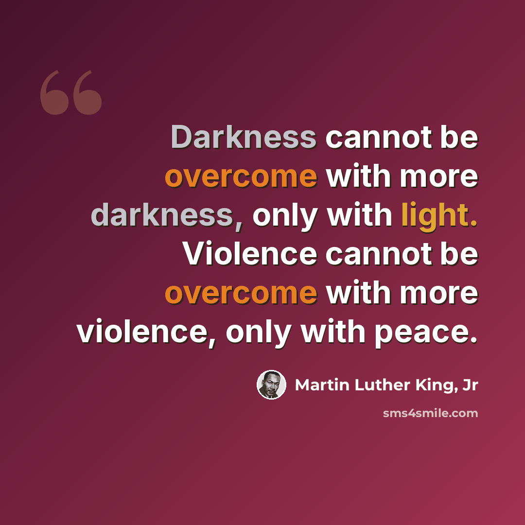 “Darkness cannot be overcome with more darkness, only with light. Violence cannot be overcome with more violence, only with peace.” quote by Martin Luther King, Jr
