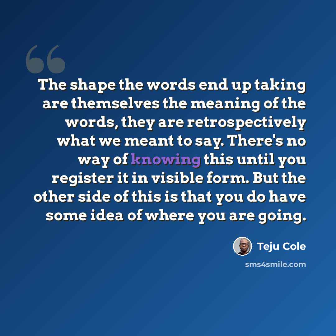 “The shape the words end up taking are themselves the meaning of the words, they are retrospectively what we meant to say. There's no way of knowing this until you register it in visible form. But the other side of this is that you do have some idea of where you are going.” quote by Teju Cole