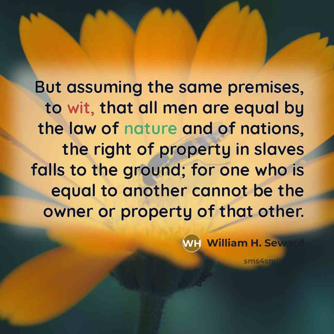 “But assuming the same premises, to wit, that all men are equal by the law of nature and of nations, the right of property in slaves falls to the ground; for one who is equal to another cannot be the owner or property of that other.” quote by William H. Seward