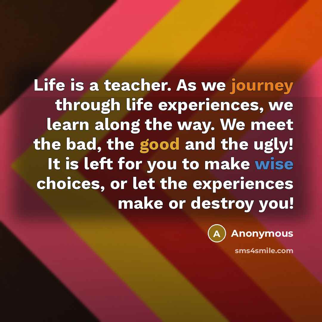 “Life is a teacher. As we journey through life experiences, we learn along the way. We meet the bad, the good and the ugly! It is left for you to make wise choices, or let the experiences make or destroy you!” quote by Anonymous