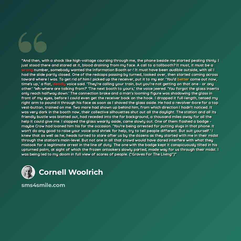 “And then, with a shock like high-voltage coursing through me, the phone beside me started pealing thinly. I just stood there and stared at it, blood draining from my face. A call to a tollbooth? It must, it must be a wrong number, somebody wanted the Information Booth or-! It must have been…” quote by Cornell Woolrich