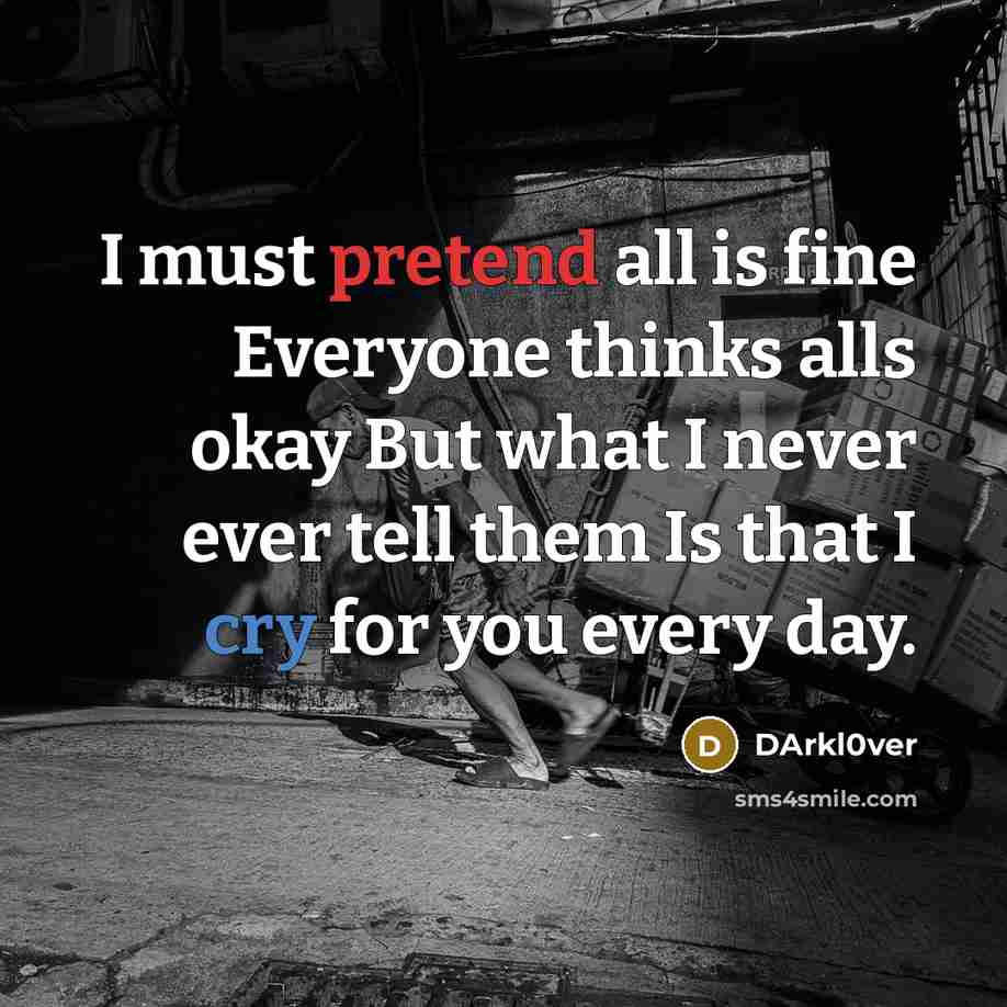 “I must pretend all is fine Everyone thinks alls okay But what I never ever tell them Is that I cry for you every day.” quote by DArkl0ver