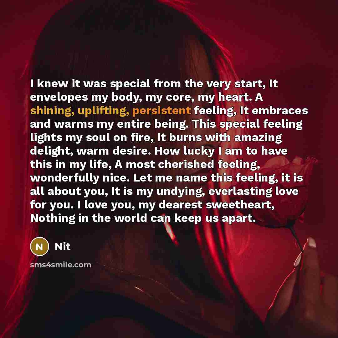 “I knew it was special from the very start, It envelopes my body, my core, my heart. A shining, uplifting, persistent feeling, It embraces and warms my entire being. This special feeling lights my soul on fire, It burns with amazing delight, warm desire. How lucky I am to have this in my life, A…” quote by Nit