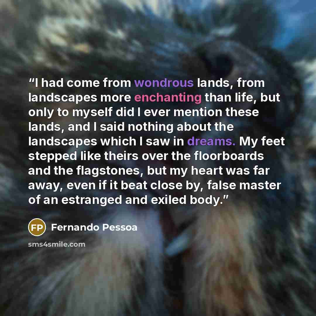 “I had come from wondrous lands, from landscapes more enchanting than life, but only to myself did I ever mention these lands, and I said nothing about the landscapes which I saw in dreams. My feet stepped like theirs over the floorboards and the flagstones, but my heart was far away, even if it…” quote by Fernando Pessoa