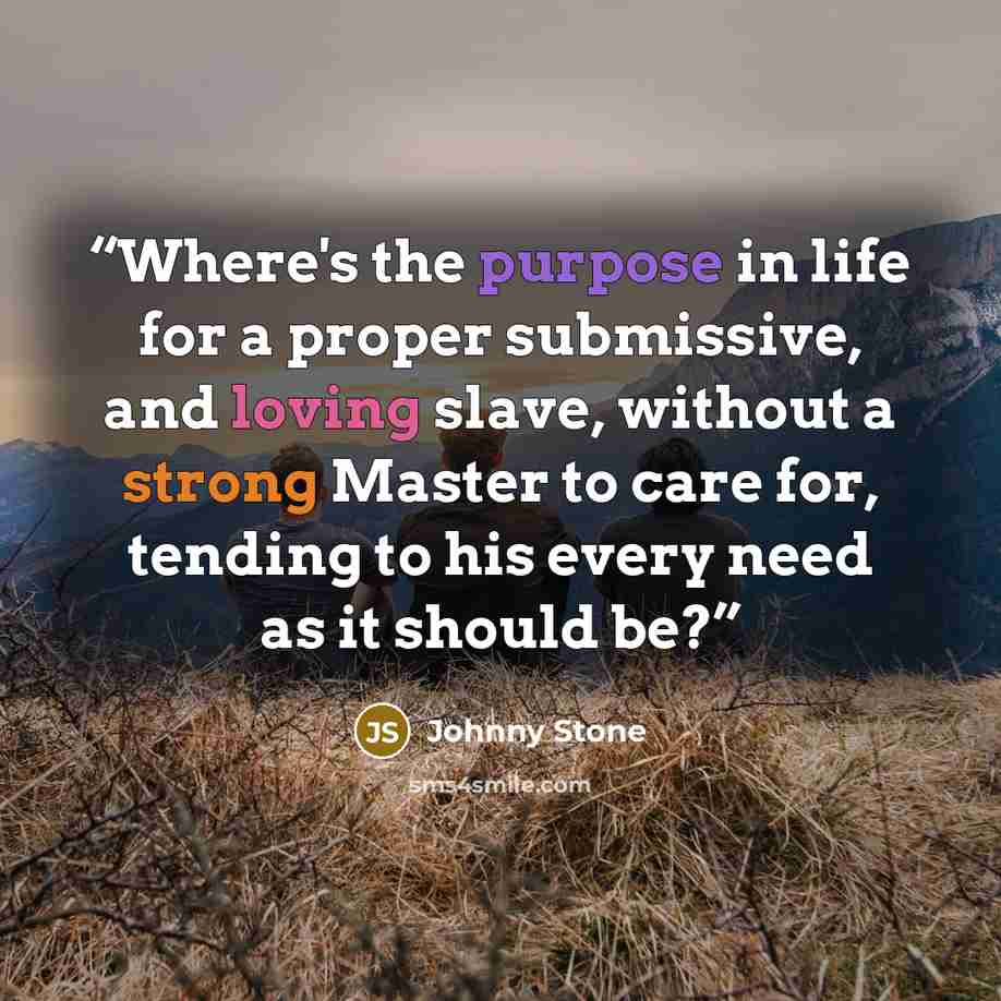 “Where's the purpose in life for a proper submissive, and loving slave, without a strong Master to care for, tending to his every need as it should be?” quote by Johnny Stone