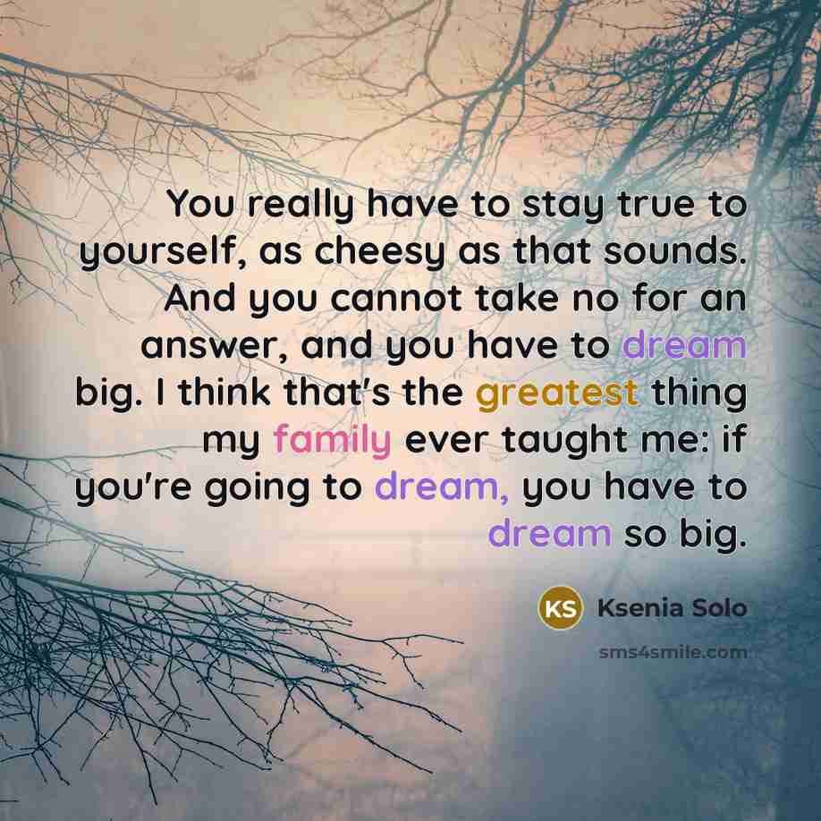 “You really have to stay true to yourself, as cheesy as that sounds. And you cannot take no for an answer, and you have to dream big. I think that's the greatest thing my family ever taught me: if you're going to dream, you have to dream so big.” quote by Ksenia Solo