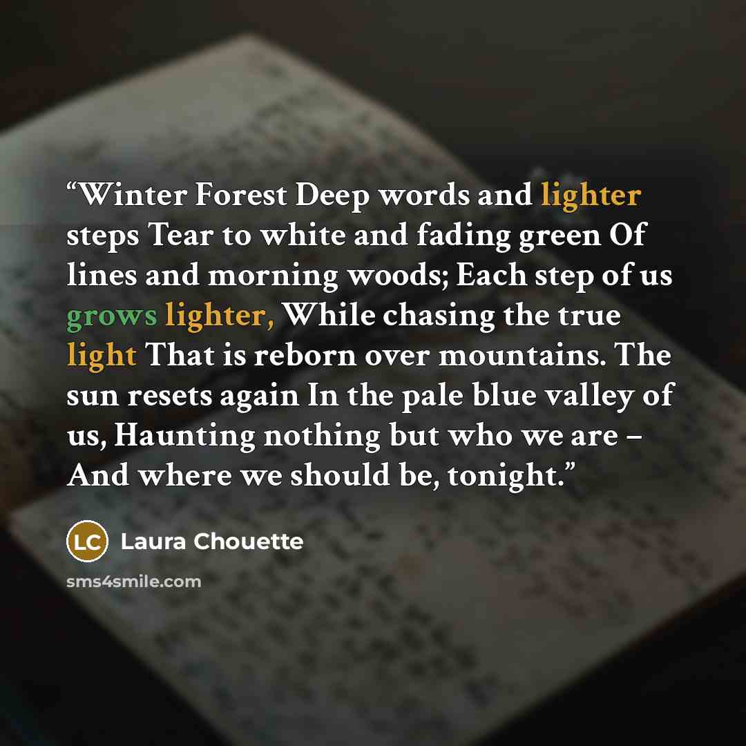 “Winter Forest Deep words and lighter steps Tear to white and fading green Of lines and morning woods; Each step of us grows lighter, While chasing the true light That is reborn over mountains. The sun resets again In the pale blue valley of us, Haunting nothing but who we are – And where we should…” quote by Laura Chouette