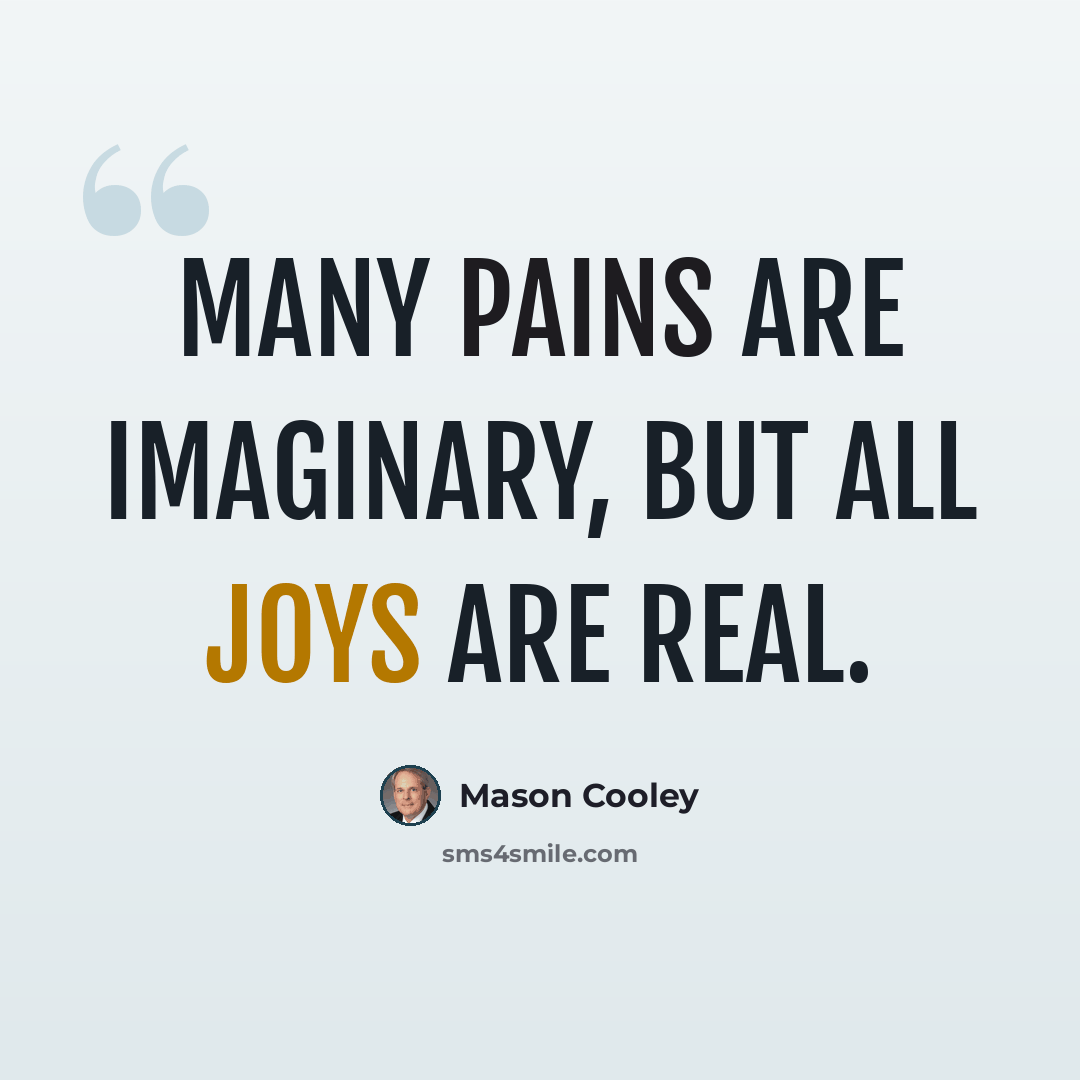 “Many pains are imaginary, but all joys are real.” quote by Mason Cooley