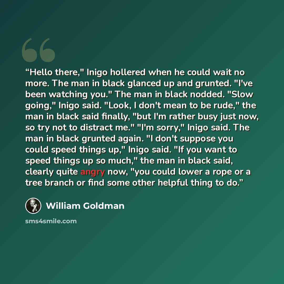 “Hello there," Inigo hollered when he could wait no more. The man in black glanced up and grunted. "I've been watching you." The man in black nodded. "Slow going," Inigo said. "Look, I don't mean to be rude," the man in black said finally, "but I'm rather busy just now, so try not to distract me."…” quote by William Goldman