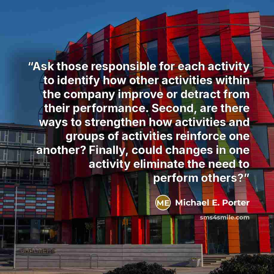 “Ask those responsible for each activity to identify how other activities within the company improve or detract from their performance. Second, are there ways to strengthen how activities and groups of activities reinforce one another? Finally, could changes in one activity eliminate the need to…” quote by Michael E. Porter