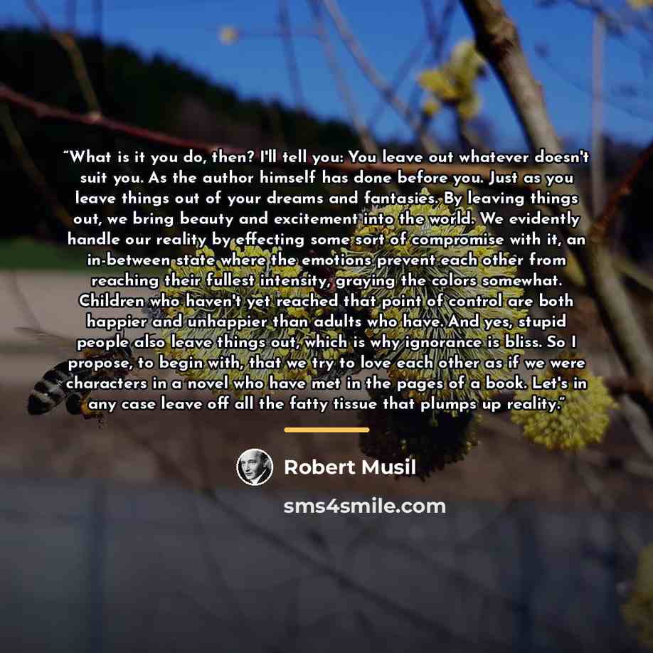 “What is it you do, then? I'll tell you: You leave out whatever doesn't suit you. As the author himself has done before you. Just as you leave things out of your dreams and fantasies. By leaving things out, we bring beauty and excitement into the world. We evidently handle our reality by effecting…” quote by Robert Musil