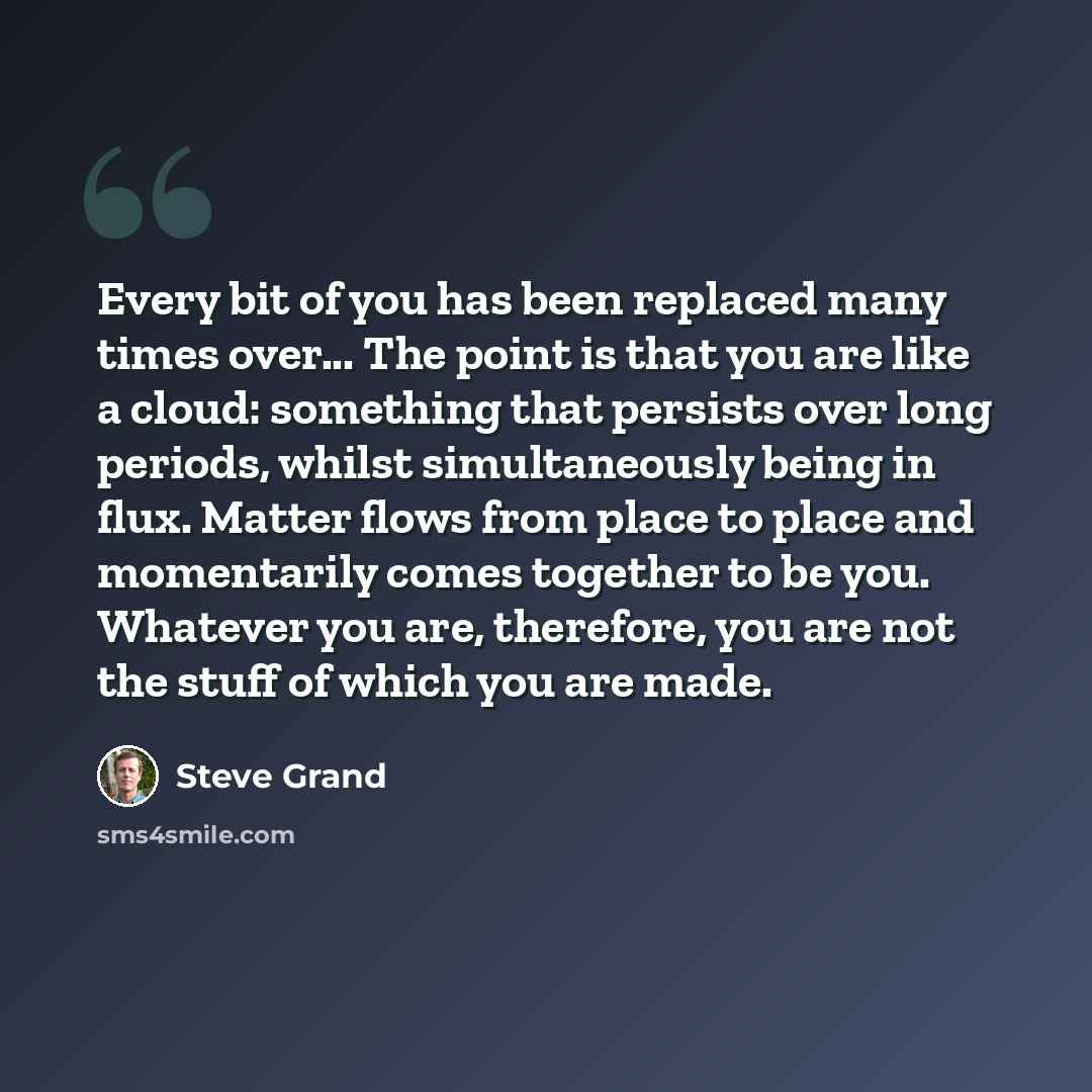 “Every bit of you has been replaced many times over... The point is that you are like a cloud: something that persists over long periods, whilst simultaneously being in flux. Matter flows from place to place and momentarily comes together to be you. Whatever you are, therefore, you are not the…” quote by Steve Grand