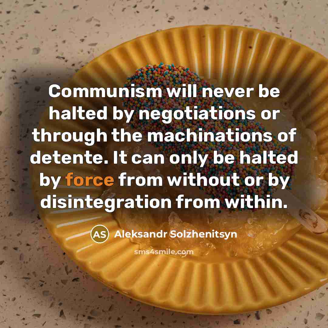 “Communism will never be halted by negotiations or through the machinations of detente. It can only be halted by force from without or by disintegration from within.” quote by Aleksandr Solzhenitsyn