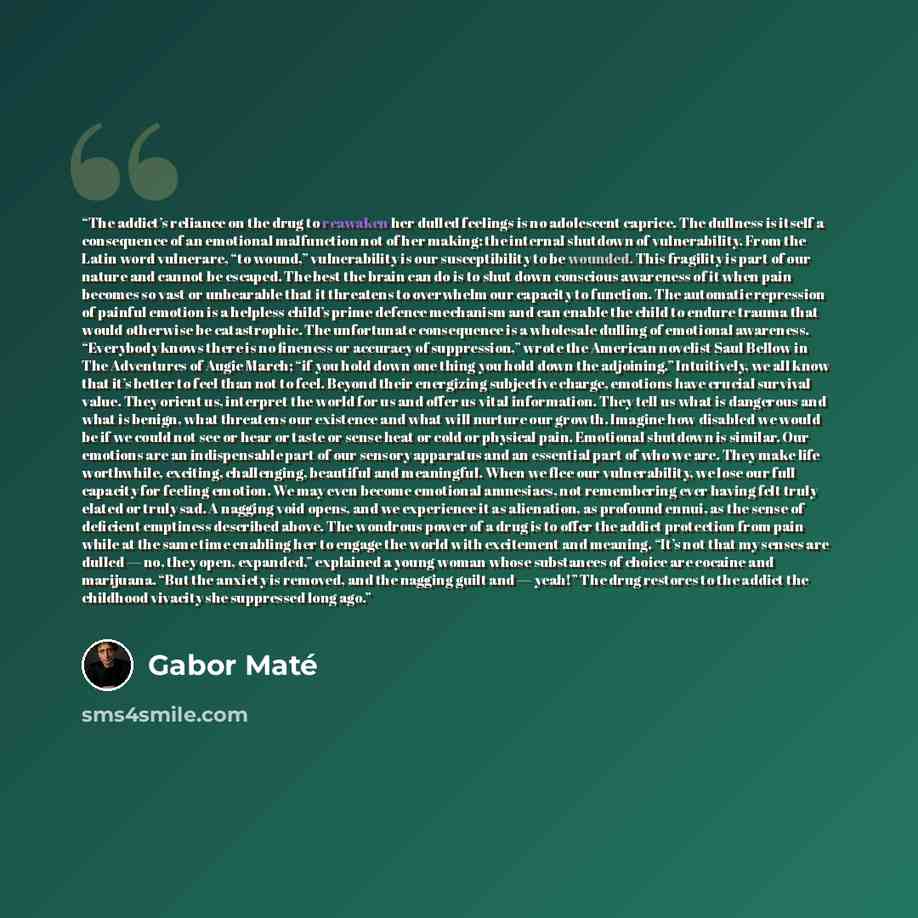 “The addict’s reliance on the drug to reawaken her dulled feelings is no adolescent caprice. The dullness is itself a consequence of an emotional malfunction not of her making: the internal shutdown of vulnerability. From the Latin word vulnerare, “to wound,” vulnerability is our susceptibility to…” quote by Gabor Maté