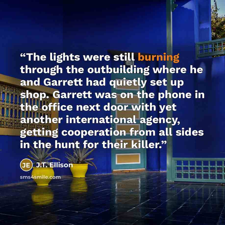 “The lights were still burning through the outbuilding where he and Garrett had quietly set up shop. Garrett was on the phone in the office next door with yet another international agency, getting cooperation from all sides in the hunt for their killer.” quote by J.T. Ellison