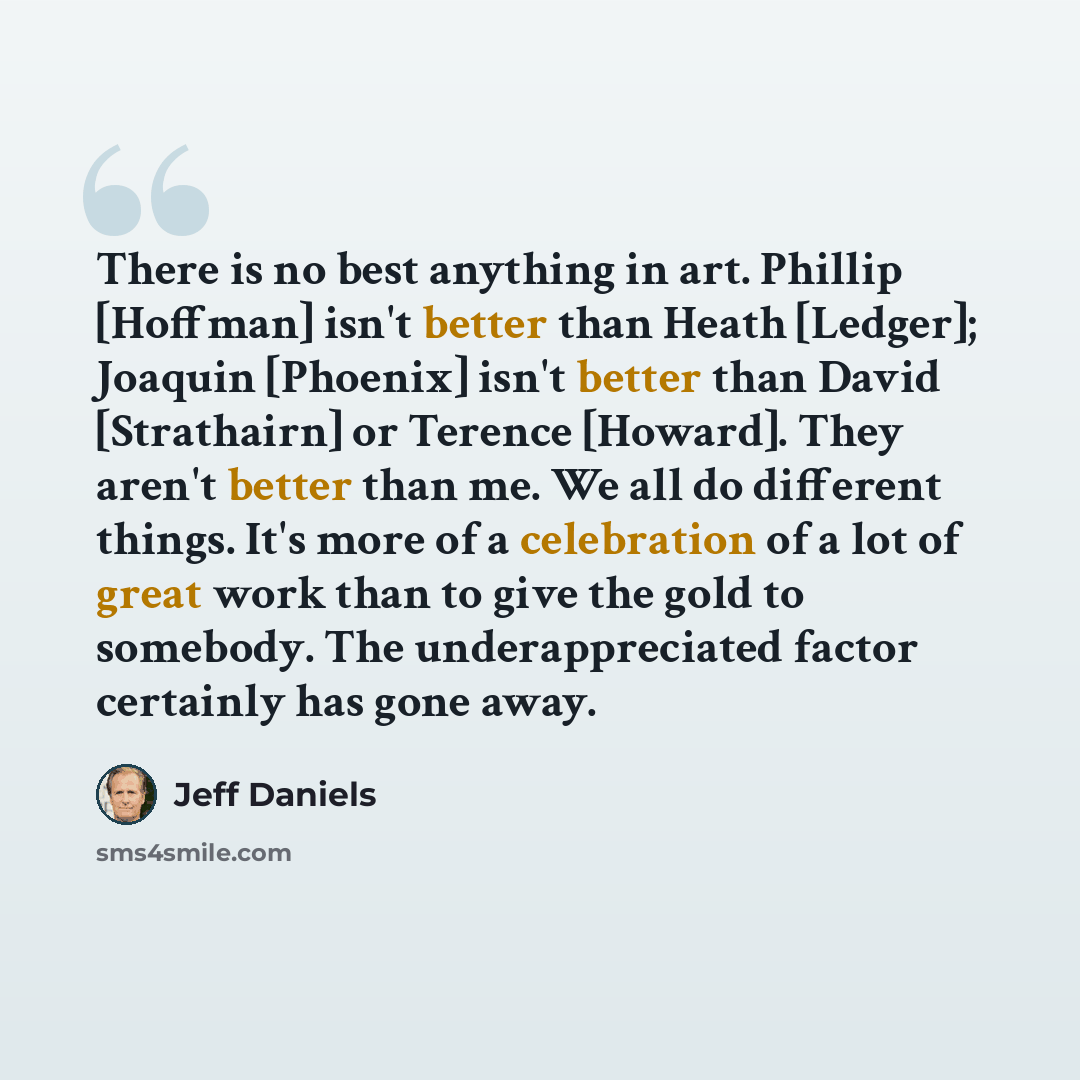 “There is no best anything in art. Phillip [Hoffman] isn't better than Heath [Ledger]; Joaquin [Phoenix] isn't better than David [Strathairn] or Terence [Howard]. They aren't better than me. We all do different things. It's more of a celebration of a lot of great work than to give the gold to…” quote by Jeff Daniels