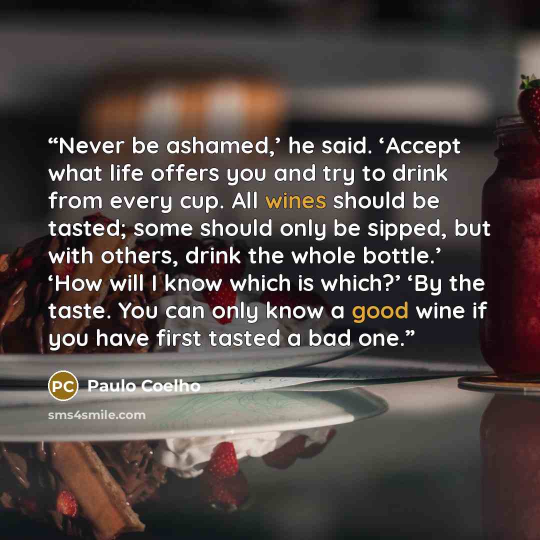 “Never be ashamed,’ he said. ‘Accept what life offers you and try to drink from every cup. All wines should be tasted; some should only be sipped, but with others, drink the whole bottle.’ ‘How will I know which is which?’ ‘By the taste. You can only know a good wine if you have first tasted a bad…” quote by Paulo Coelho