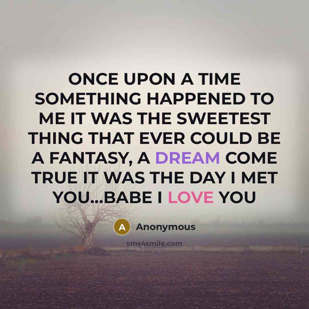 “ONCE UPON A TIME SOMETHING HAPPENED TO ME IT WAS THE SWEETEST THING THAT EVER COULD BE A FANTASY, A DREAM COME TRUE IT WAS THE DAY I MET YOU...BABE I LOVE YOU” quote by Anonymous