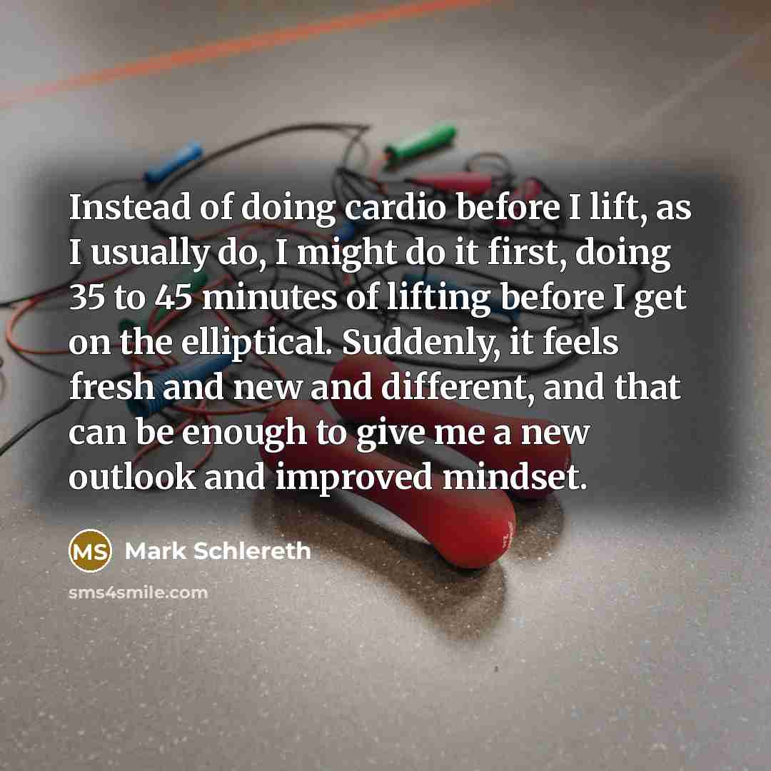 “Instead of doing cardio before I lift, as I usually do, I might do it first, doing 35 to 45 minutes of lifting before I get on the elliptical. Suddenly, it feels fresh and new and different, and that can be enough to give me a new outlook and improved mindset.” quote by Mark Schlereth