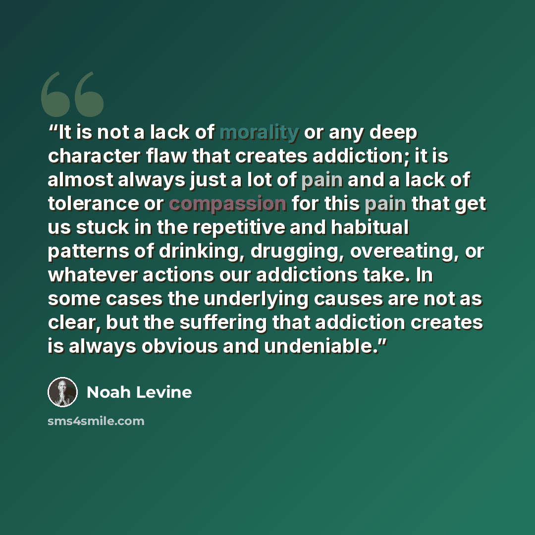 “It is not a lack of morality or any deep character flaw that creates addiction; it is almost always just a lot of pain and a lack of tolerance or compassion for this pain that get us stuck in the repetitive and habitual patterns of drinking, drugging, overeating, or whatever actions our addictions…” quote by Noah Levine