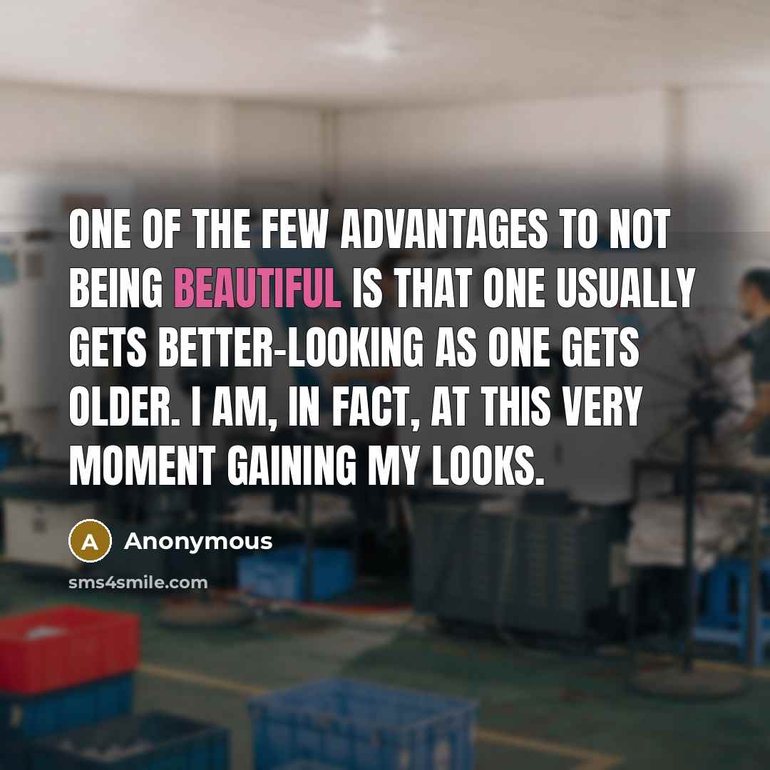 “One of the few advantages to not being beautiful is that one usually gets better-looking as one gets older. I am, in fact, at this very moment gaining my looks.” quote by Anonymous