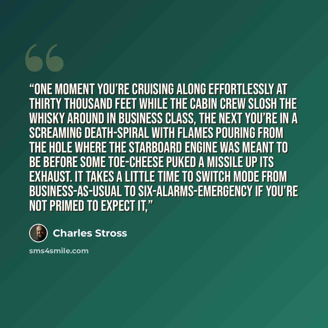 “One moment you’re cruising along effortlessly at thirty thousand feet while the cabin crew slosh the whisky around in business class, the next you’re in a screaming death-spiral with flames pouring from the hole where the starboard engine was meant to be before some toe-cheese puked a missile up…” quote by Charles Stross