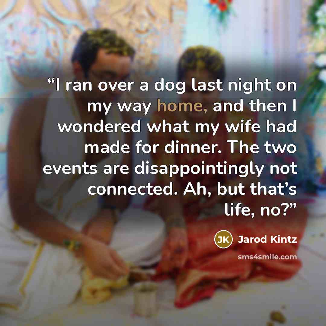 “I ran over a dog last night on my way home, and then I wondered what my wife had made for dinner. The two events are disappointingly not connected. Ah, but that’s life, no?” quote by Jarod Kintz