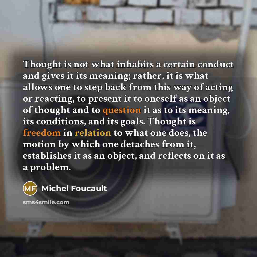 “Thought is not what inhabits a certain conduct and gives it its meaning; rather, it is what allows one to step back from this way of acting or reacting, to present it to oneself as an object of thought and to question it as to its meaning, its conditions, and its goals. Thought is freedom in…” quote by Michel Foucault