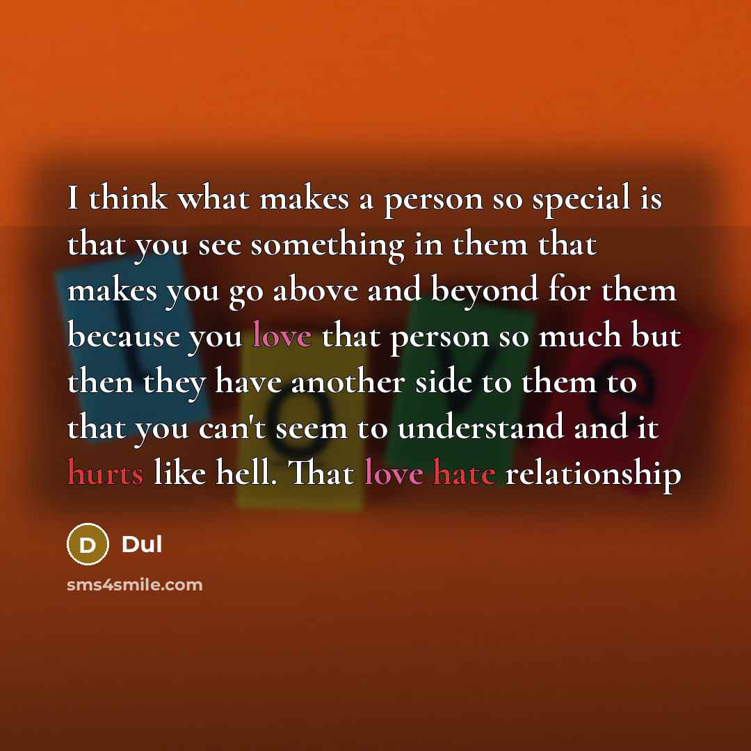 “I think what makes a person so special is that you see something in them that makes you go above and beyond for them because you love that person so much but then they have another side to them to that you can't seem to understand and it hurts like hell. That love hate relationship” quote by Dul