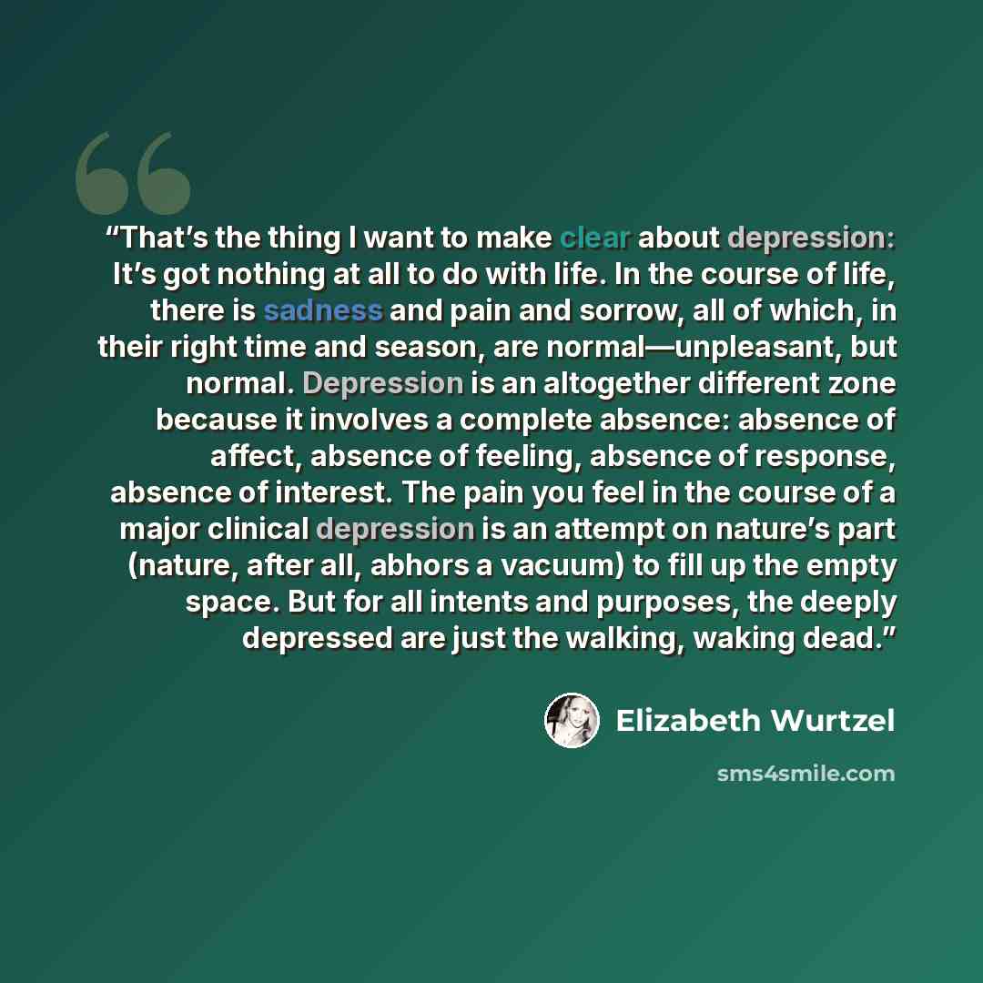 “That’s the thing I want to make clear about depression: It’s got nothing at all to do with life. In the course of life, there is sadness and pain and sorrow, all of which, in their right time and season, are normal—unpleasant, but normal. Depression is an altogether different zone because it…” quote by Elizabeth Wurtzel