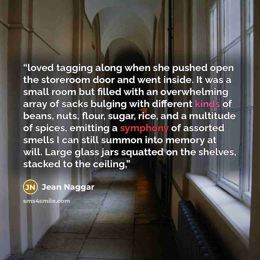 “loved tagging along when she pushed open the storeroom door and went inside. It was a small room but filled with an overwhelming array of sacks bulging with different kinds of beans, nuts, flour, sugar, rice, and a multitude of spices, emitting a symphony of assorted smells I can still summon into…” quote by Jean Naggar